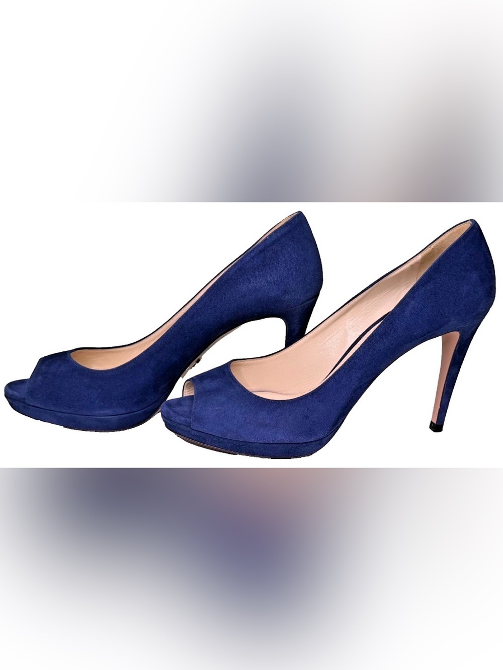 PRADA Ultramarine Navy Blue Suede Peep Toe Platform Pump Heels Authentic 38.5